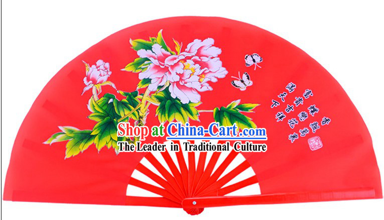 Red Traditional Kung Fu Double Fans Peony Pattern for Right and Left Hands