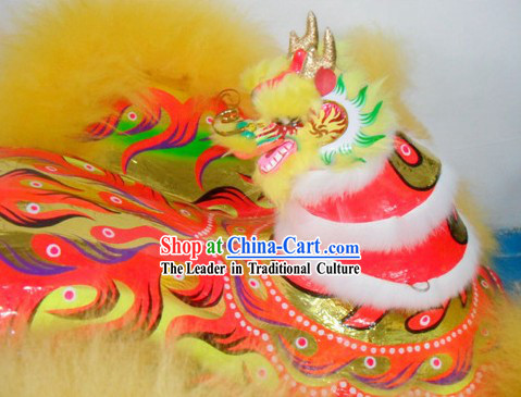 Supreme Dragon Horn Lion Dance Costumes Complete Set with Yellow Long Wool