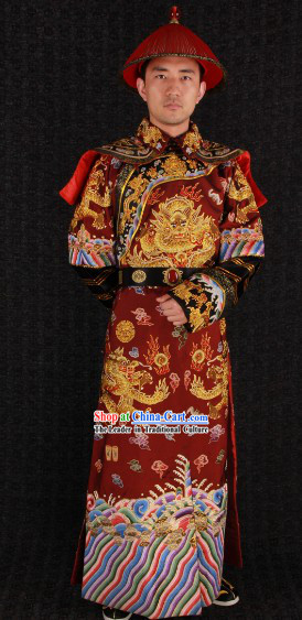 Qing Dynasty Prince Embroidered Dragon Clothes and Hat Complet Set for Men