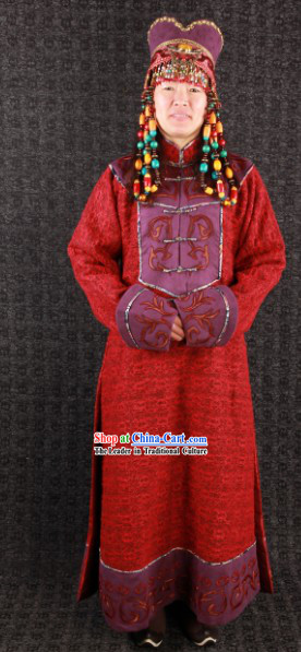 Traditional Mongolian Queen Dresses Long Robe and Hat for Women