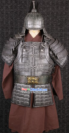 Ancient Chinese Film Costumes General Armor Clothes and Helmet Complete Set for Men