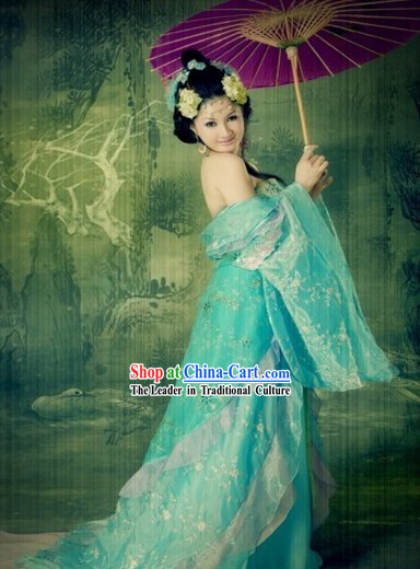 Ancient Chinese Tang Dynasty Beauty Blue Clothes and Accessories for Women