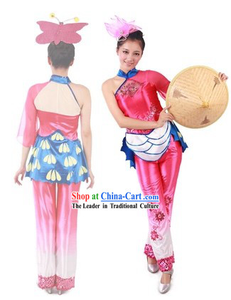Traditional Recital Dance Costumes and Bamboo Hat for Professional Dancers