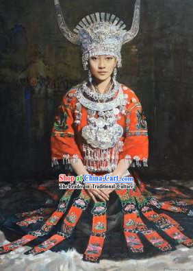 Traditional Chinese Miao Nationality Clothing and Silver Hat Complete Set