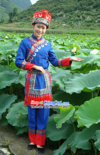 Chinese Maonan Ethnic Minority Clothes and Hat for Women