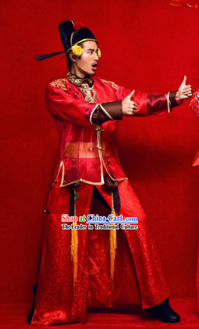 Chinese Classic Wedding Bridegroom Outfit and Hat
