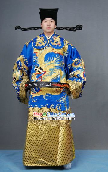 Blue Chinese Classical Peking Opera Embroidered Dragon Robe and Hat