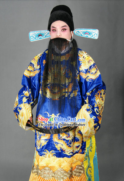 Blue Chinese Classical Peking Opera Embroidered Dragon Robe and Hat