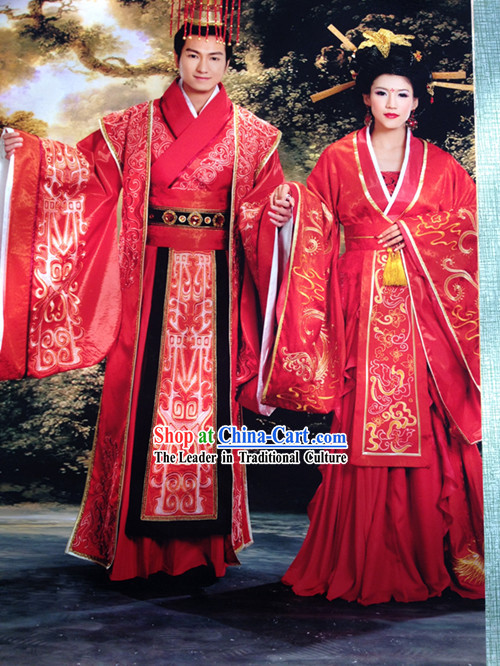 Chinese Classical Imperial Wedding Outfits and Crown Complete Sets for Bride and Bridegroom