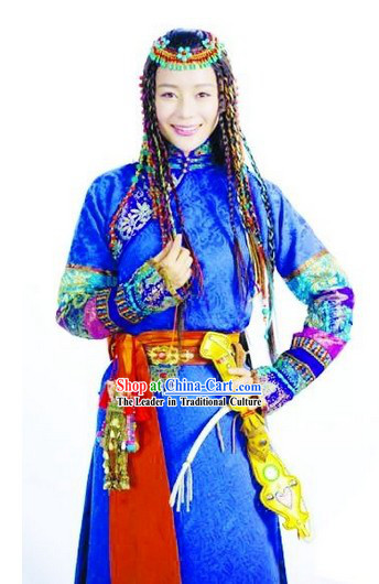 Traditional Tibetan Royal Female Outfits and Headwear Complete Set