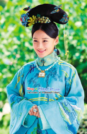 Qing Palace Imperial Princess Blue Dresses and Headdress Complete Set