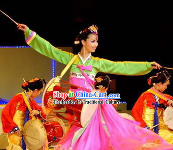 Professional Stage Performance Korean Ethnic Long Drum Dance Costumes and Headwear Complete Set