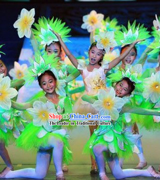 White and Green Jasmine Flower Dancewear Costume and Headwear Complete Set for Kids