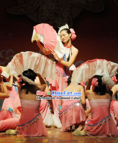Chinese Female Fan Dance Costume Dancewear and Headdress Complete Set