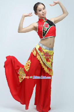 Mandarin Collar Chinese Folk Handkerchief Dance Costumes with Wide Leggings