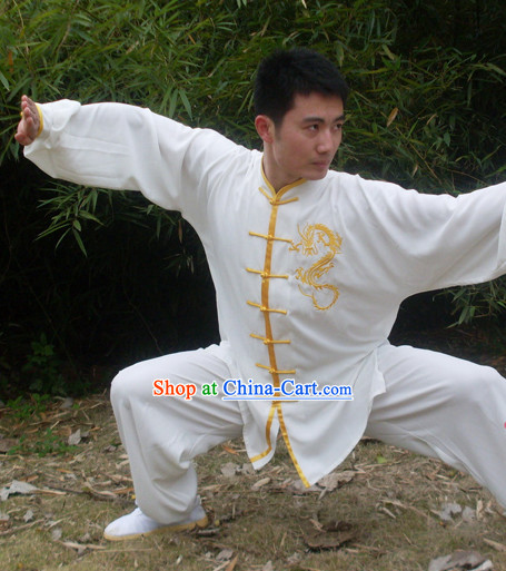 Morning Practice White Kung Fu Uniform with Gold Dragon