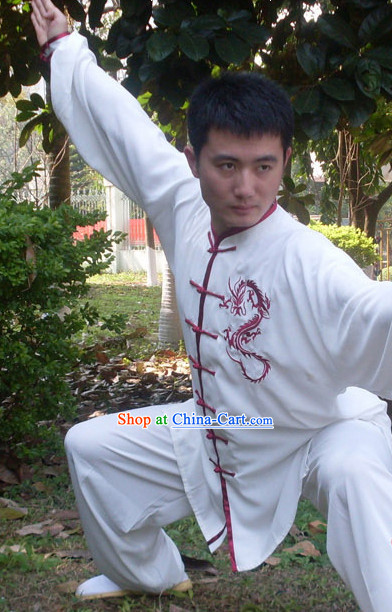 Kung Fu Practice White Blouse and Pants with Red Dragon