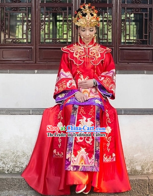 Traditional Chinese Red Phoenix Brides Wedding Blouse, Skirt and Phoenix Coronet