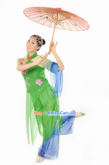 Ancient Chinese Green Snake Umbrella Dance Costumes and Headwear Complete Set