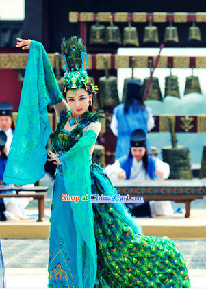 Ancient Chinese Peacock Dance Costumes and Headdress Complete Set