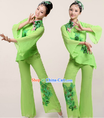 Traditional Chinese Green Fan Dancing Suit Complete Set