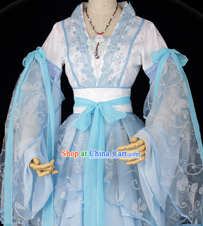 Ancient Chinese Blue Butterfly Fairy Outfit and Necklace Complete Set