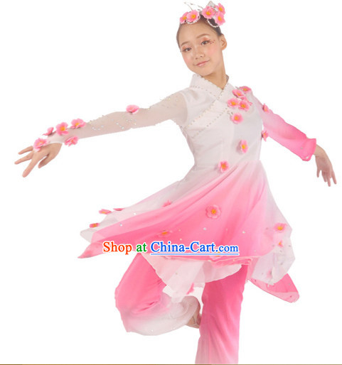 Traditional Chinese Peach Flower Dancing Costumes and Headwear for Women