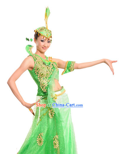 Chinese Classical Dai Nationality Peacock Dancing Costumes and Headdress for Women