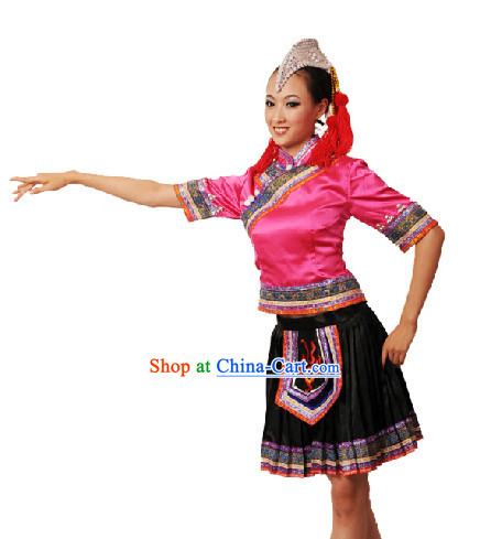 Chinese Yi Nationality Dancing Dress and Headdress for Women