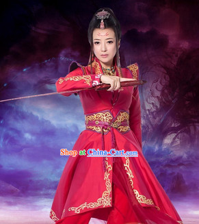 Gu Jian Qi Tan Lengend of the Ancient Sword TV Drama Red Swordwoman Costumes Complete Set