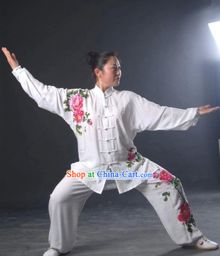 Top White Hands Painted Peony Martial Arts Tai Chi Silk Clothes