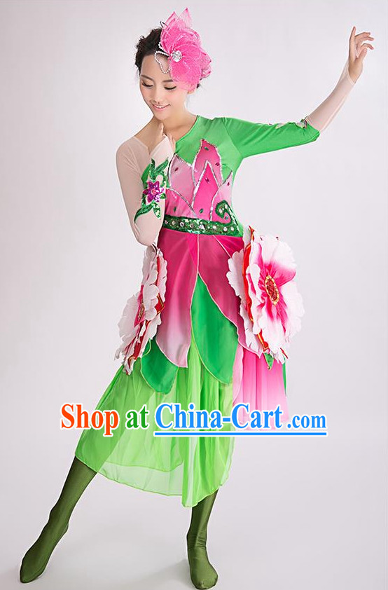 Chinese Professional Stage Flower Dancing Costume and Headwear Complete Set