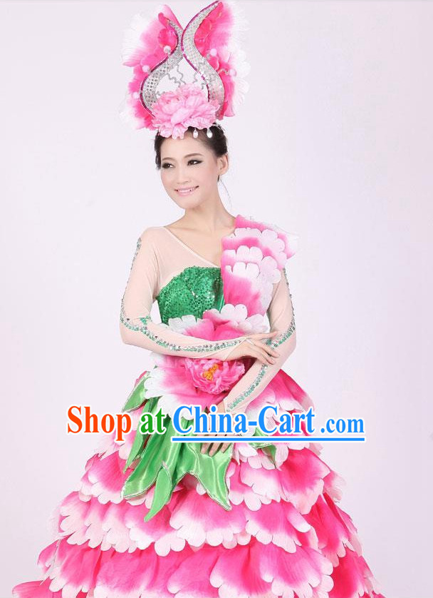 Chinese Floral Dance Costumes and Headwear Complete Set