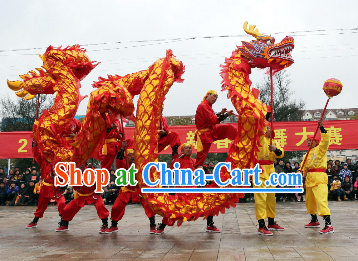 NEW 18 Meters Ten Adults Competition and Parade Red Gold Dragon Dance Costume Complete Set