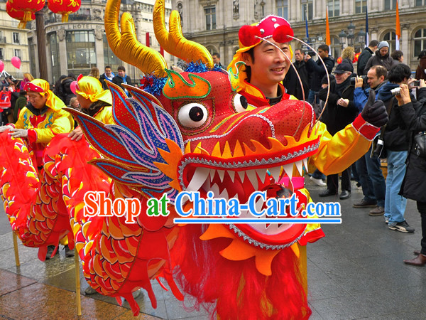 Traditional Chinese Red Dragon Dance Costumes for Four People