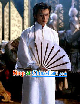 White Handsome Male Hanfu Mandarin Robe for Kung Fu Master