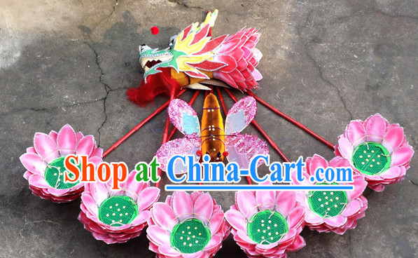 Asian Handmade Lotus Flower Dragon Dance Equipments Complete Set