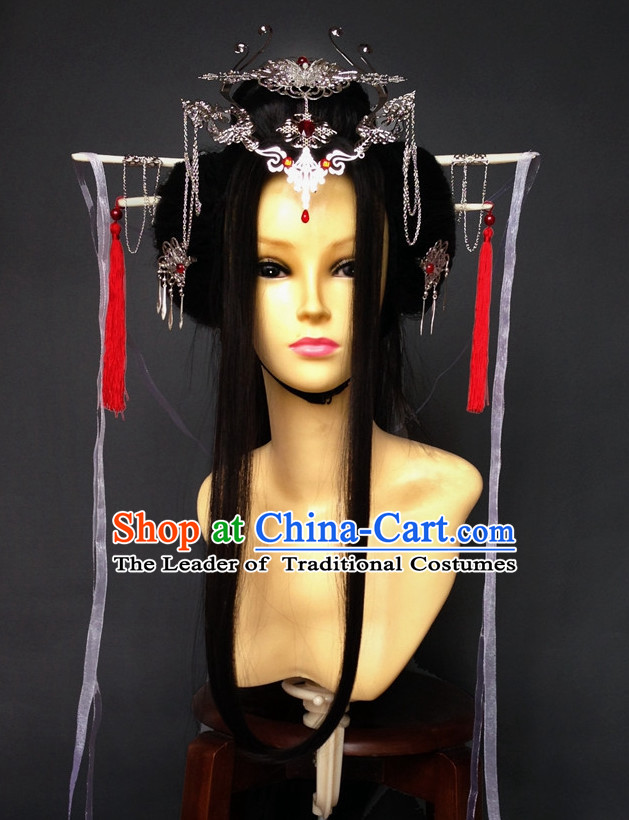 Chinese Halloween Empress Queen Princess Long Black Wigs and Hair Jewelry Set