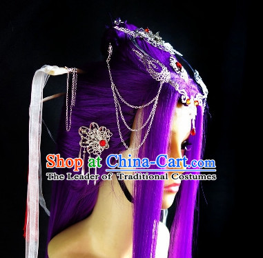 Chinese Halloween Empress Queen Princess Long Black Wigs and Hair Jewelry Set