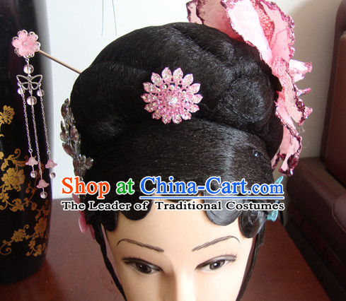Chinese Opera Stage Theatrical Performances Li Yugang Black Long Wigs and Head Pieces Hair Jewelry Set