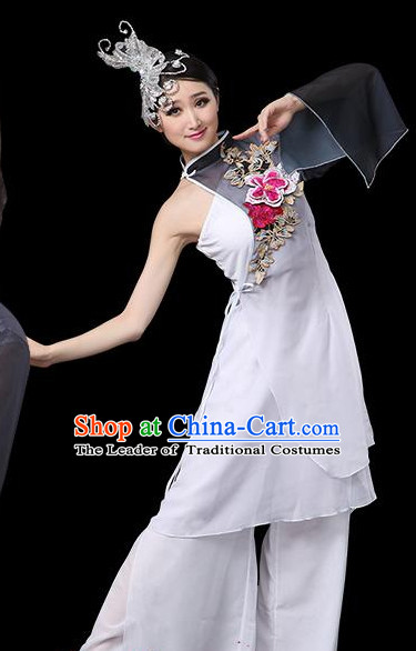 Blue White Chinese Classical Dance Costumes Leotards Dance Supply Girls Clothes and Hair Accessories Complete Set