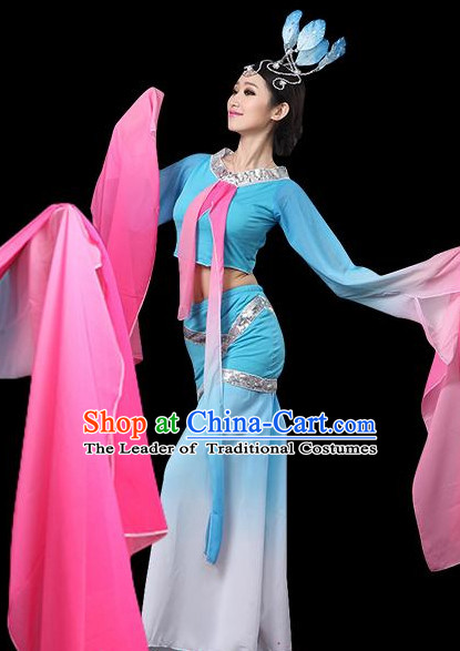 Long Sleeves Chinese Classical Dance Costumes Leotards Dance Supply Girls Clothes and Hair Accessories Complete Set