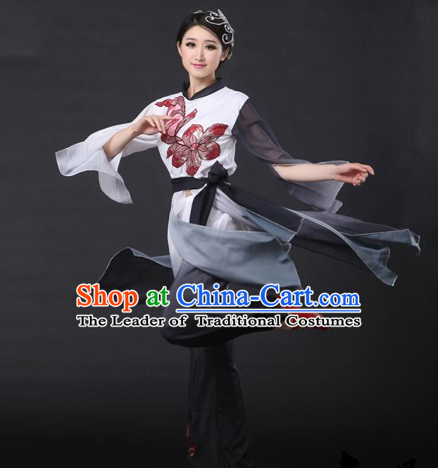 Black White Chinese Classical Girls Dance Costumes Leotards Dance Supply Clothes and Hair Accessories Complete Set