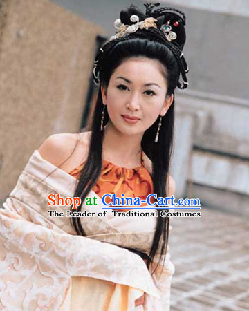 Ancient Chinese Shang Dynasty Beauty Long Black Wigs and Hair Accessories