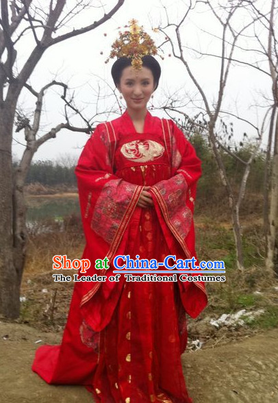 Chinese Costume Sui Dynasty Period Wedding Dress China Clothing and Hair Jewelry Complete Set for Women