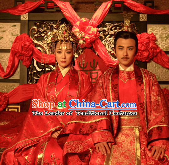 Ancient Chinese Costume Three Kingdoms Wedding Dresses and Hair Accessories Complete Set for Men Women