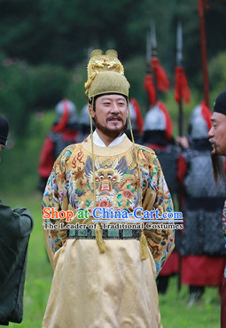 Ming Dynasty Emperor Dragon Robe Costumes Dresses Clothing Clothes Garment Outfits Suits Complete Set for Men