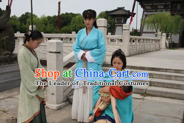 Chinese Han Dynasty Blue Clothing Costumes Dresses Clothing Clothes Garment Outfits Suits Complete Set for Women
