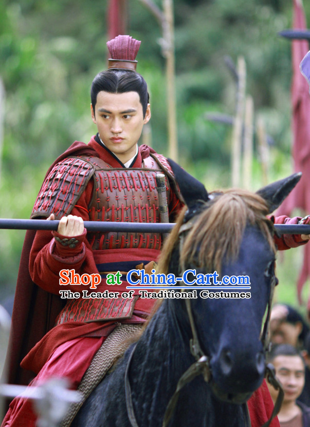 Chinese Qin Dynasty General Fighter Costume Dresses Clothing Clothes Garment Outfits Suits Complete Set for Men