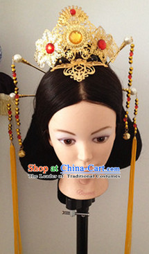 Chinese Tang Dynasty Black Long Wigs and Headwear Headpieces Hair Jewelry Headdress for Women